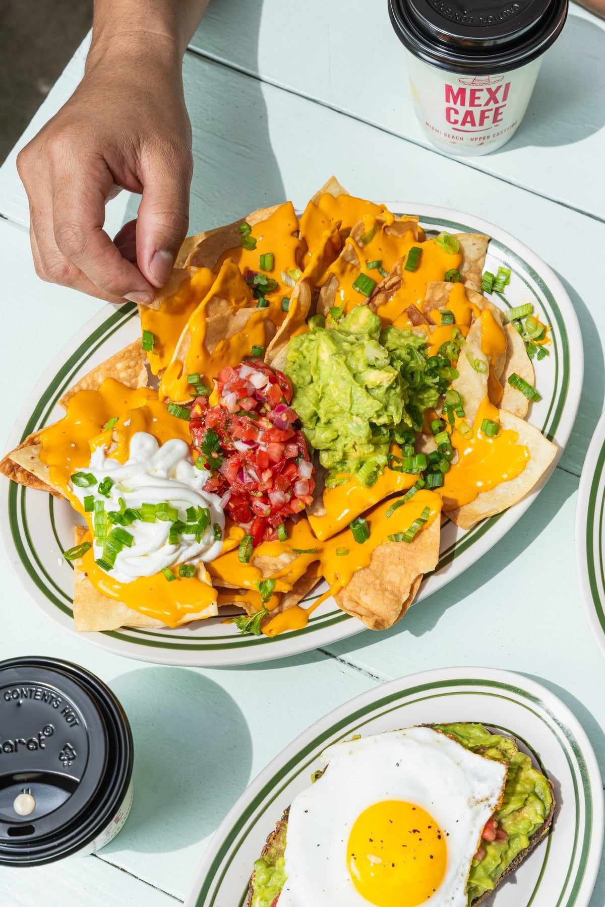 Loaded chicken nachos with melted cheddar, pico de gallo, guacamole and sour cream